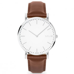 Solios Watch Solar White | Brown Vegan Leather 40mm - Silver Case